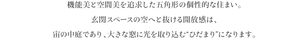 機能美と空間美を追求した五角形の個性的な住まい。
玄関スペースの空へと抜ける開放感は、
宙の中庭であり、大きな窓に光を取り込む“ひだまり”になります。