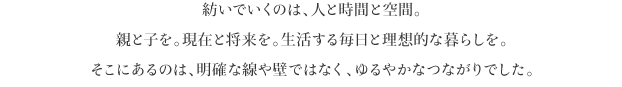 紡いでいくのは、人と時間と空間。
親と子を。現在と将来を。生活する毎日と理想的な暮らしを。
そこにあるのは、明確な線や壁ではなく、ゆるやかなつながりでした。