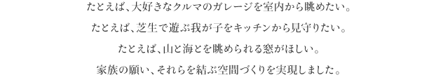 たとえば、大好きなクルマのガレージを室内から眺めたい。
					たとえば、芝生で遊ぶ我が子をキッチンから見守りたい。
					たとえば、山と海とを眺められる窓がほしい
					家族の願い、それらを結ぶ空間づくりを実現しました。
